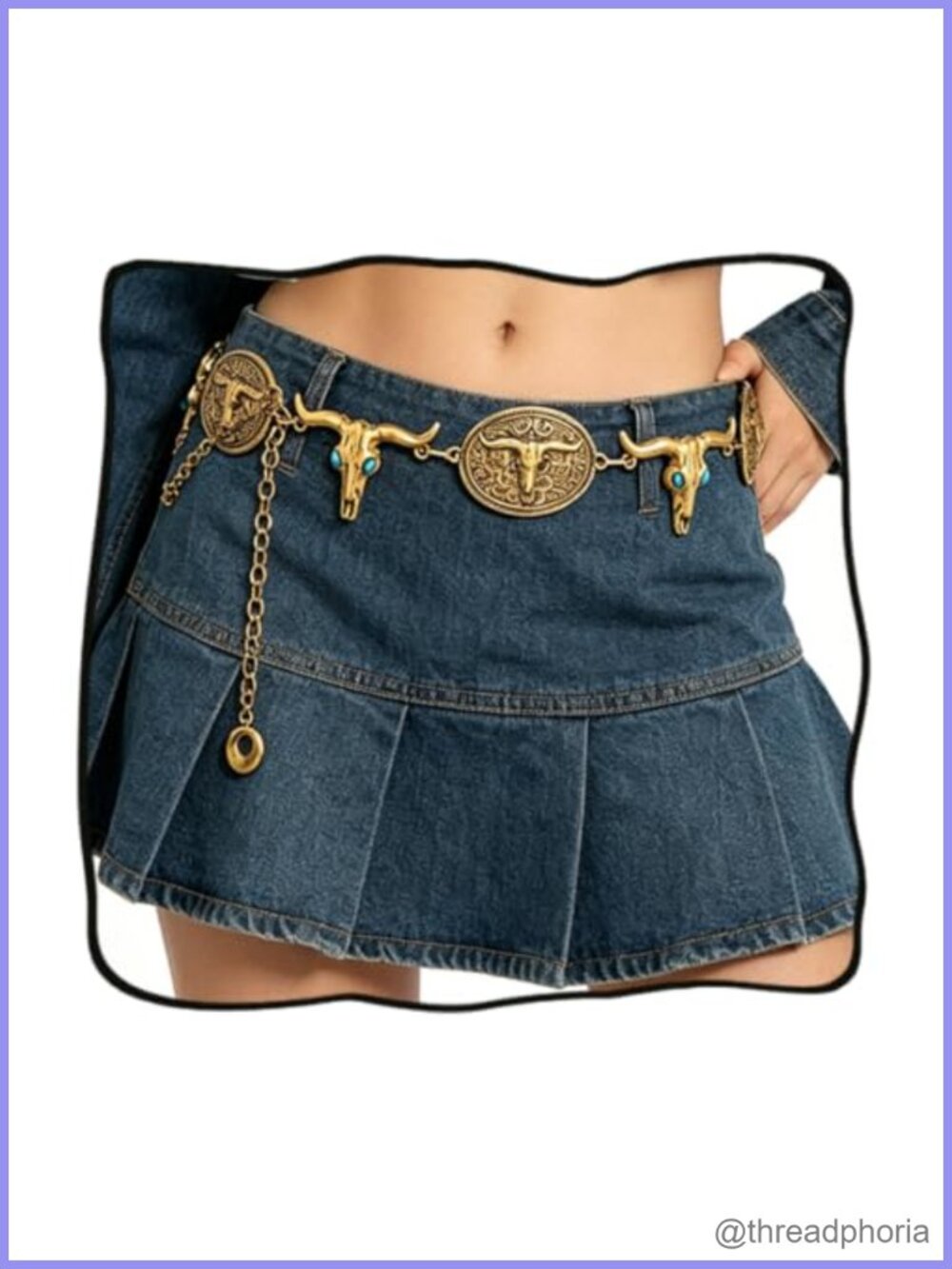 Metal Western Chain Belt Bull Skull Pendant Geometric Cowgirl Waist Chain